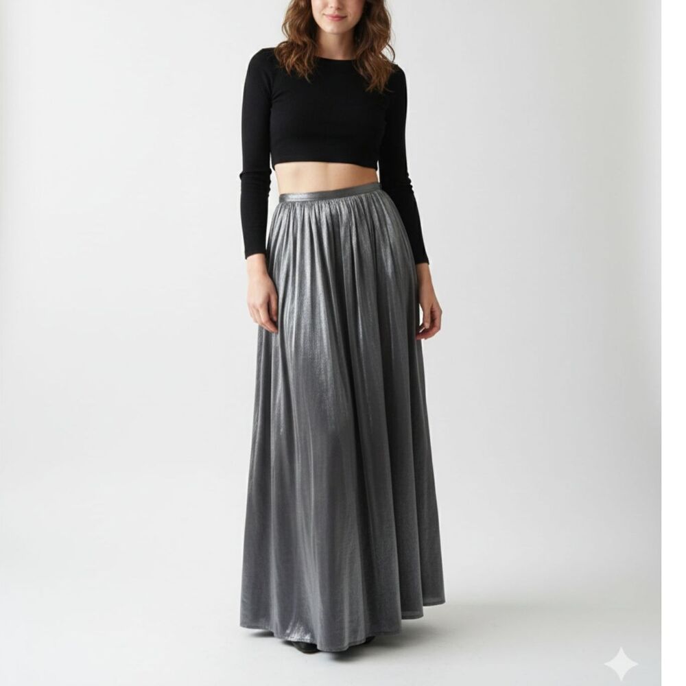 Y2K Satiny Metallic Silver Flowy Pleated Maxi Skirt AB Studio Sz 6 Holiday Glam